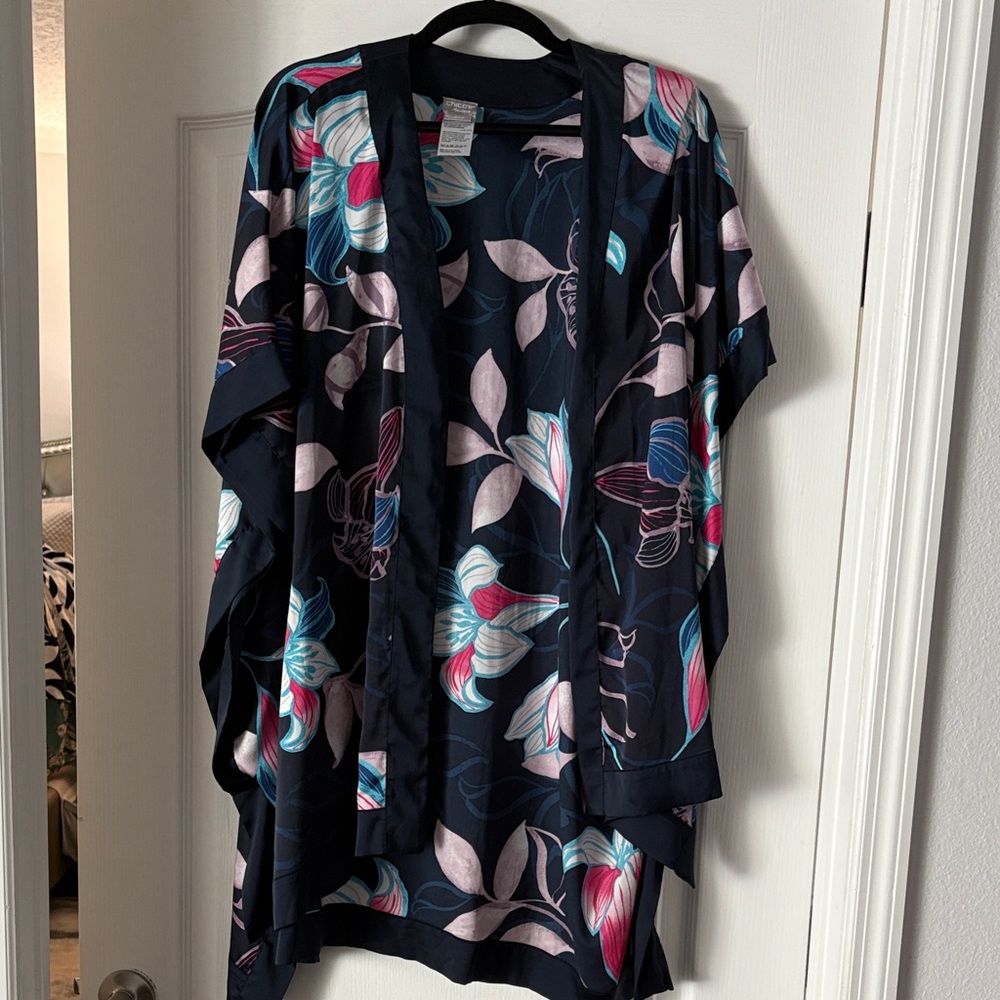 Chico’s Floral Ruana with Pink and Blue Accents Size S/M